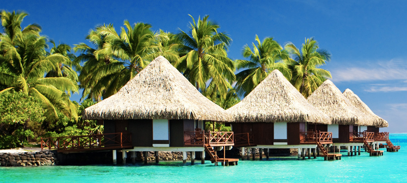 Over water bungalows with steps into amazing lagoon
